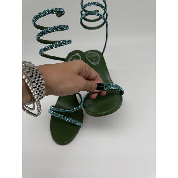 Rene Caovilla Cleo Crystal Embellished 105 Strappy Sandals Green Women's Size 38 - Picture 5 of 16
